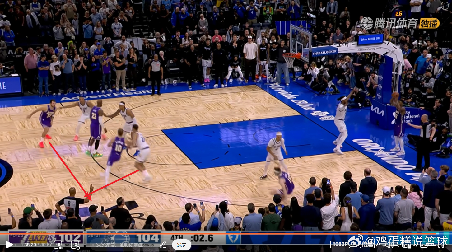 湖人打双掩护给卢卡接球，魔术连续换防，湖人第一机会没打出来。这时候詹姆斯适时去空