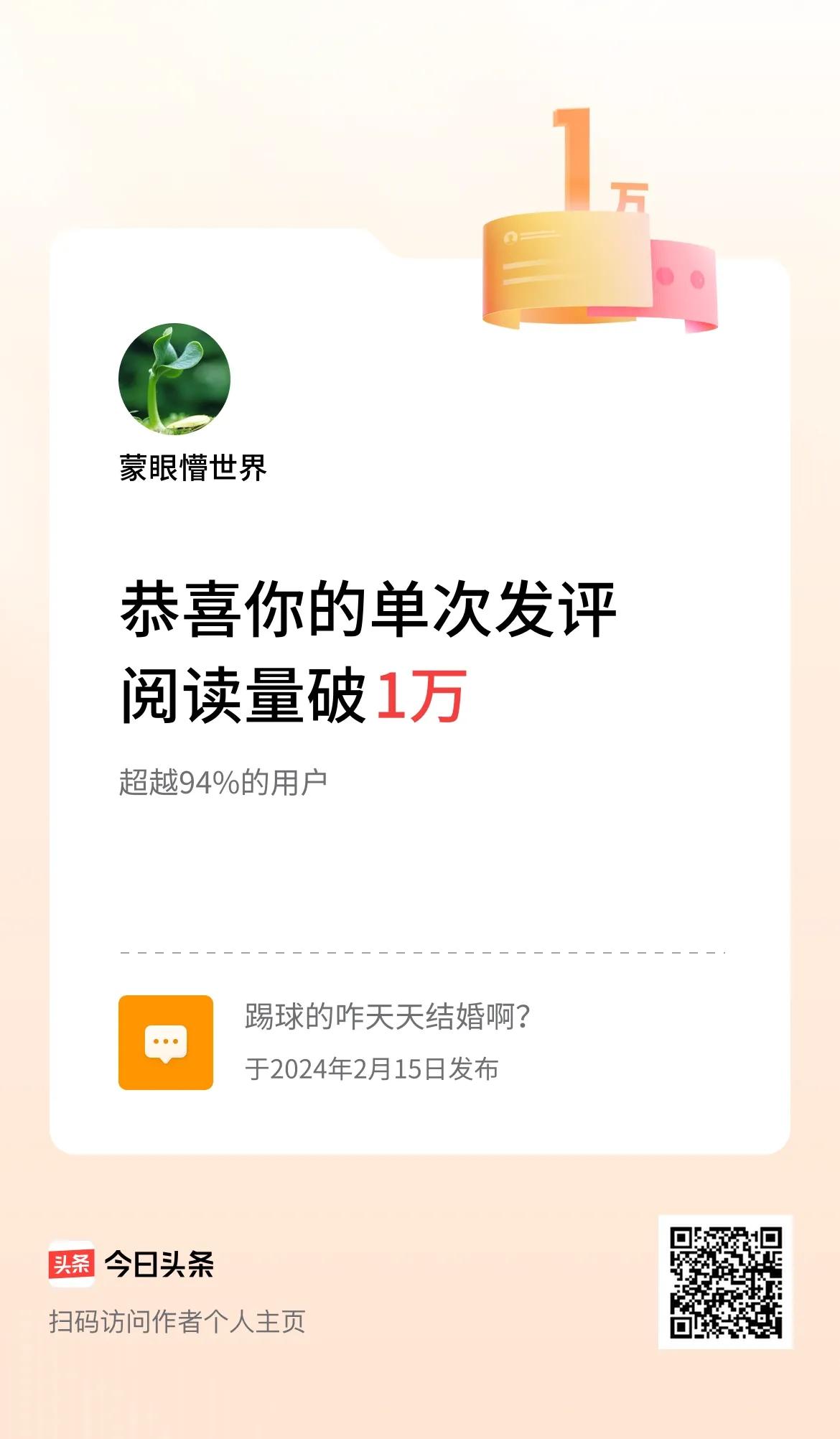 我在头条单次发评获阅读破1万次啦！