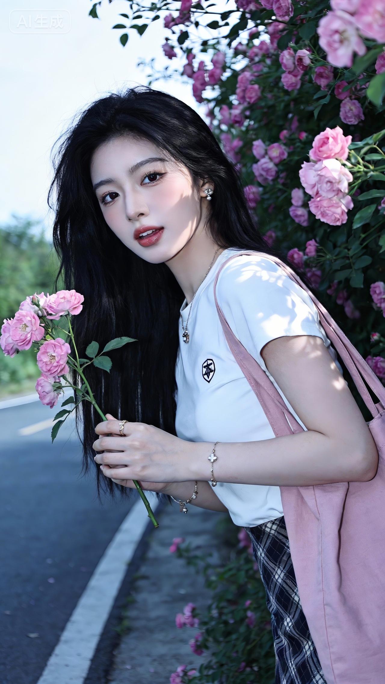 花径旁的清甜系少女
 
白T+格裙衬得清爽又灵动，粉包和腕间碎光添了点甜~轻嗅玫