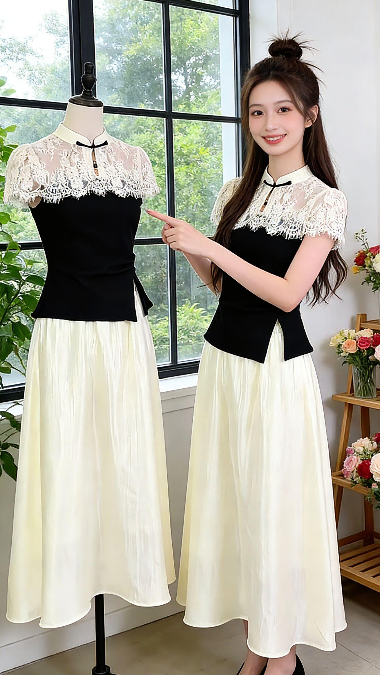 谁懂啊！夏天就爱这种自带氛围感的新中式套装！蕾丝拼接立领精致温婉，修身上衣藏住小
