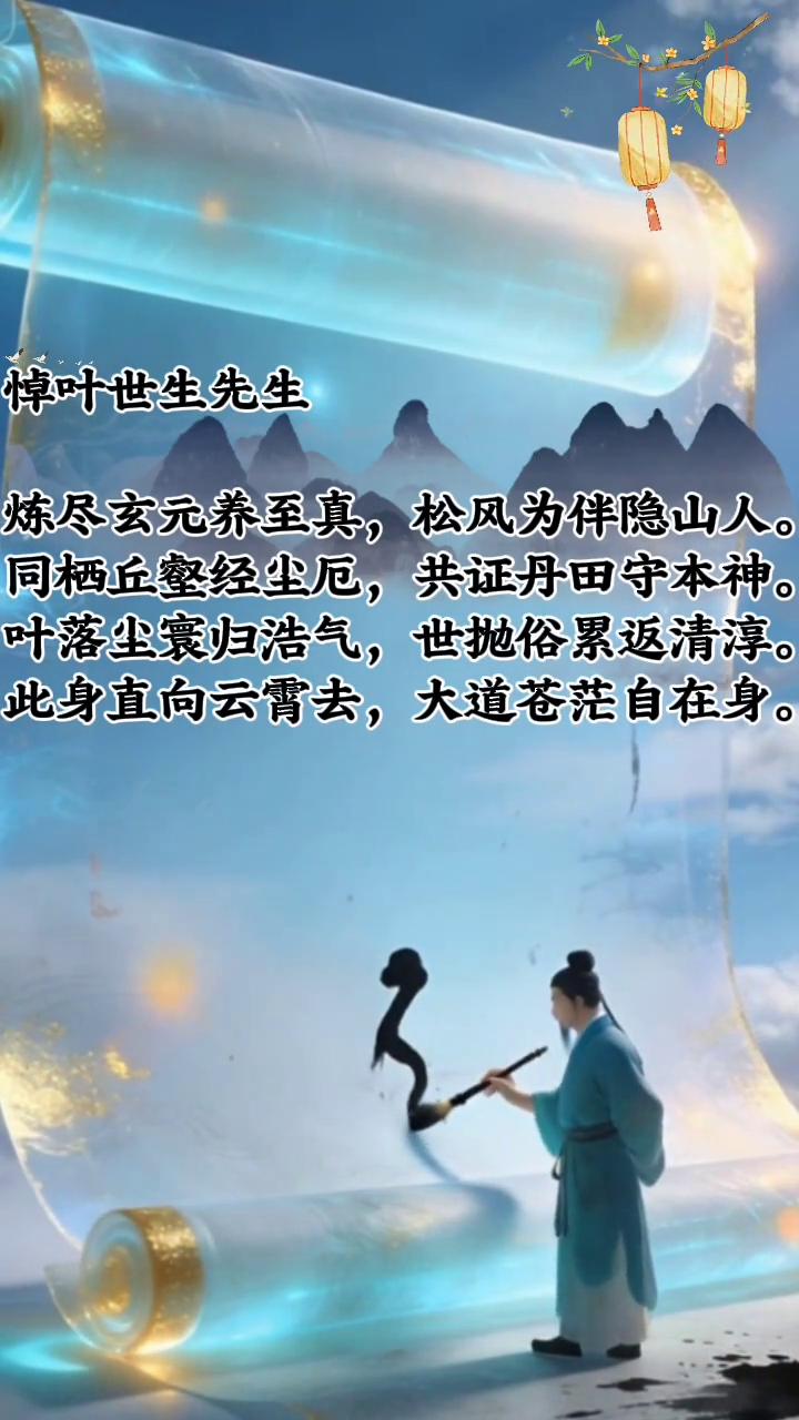 悼叶世生先生。
炼尽玄元养至真，松风为伴隐山人。
同栖丘壑经尘厄，共证丹田守本神