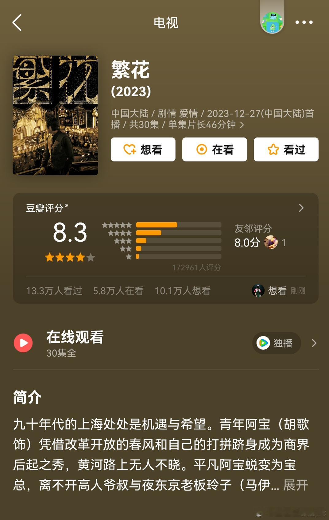 《繁花》豆瓣开分8.1现在涨到8.3，站内热度值破31000，近几年最好的群像影