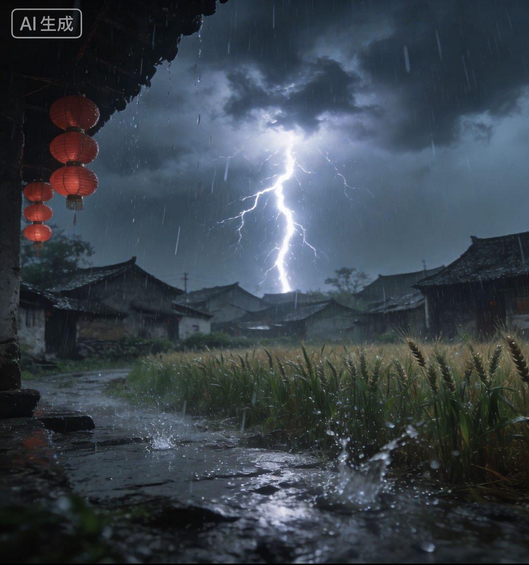 《春雷》
墨云压瓦雨如麻，
电裂长空破晓霞。
檐下红灯摇碎影，
一声惊蜇入田家。