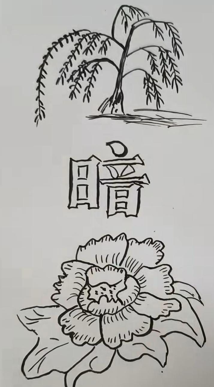 一张有趣的黑白插画，有树、花和字。这个组合有意思，很好的词语，说出词语[作揖][