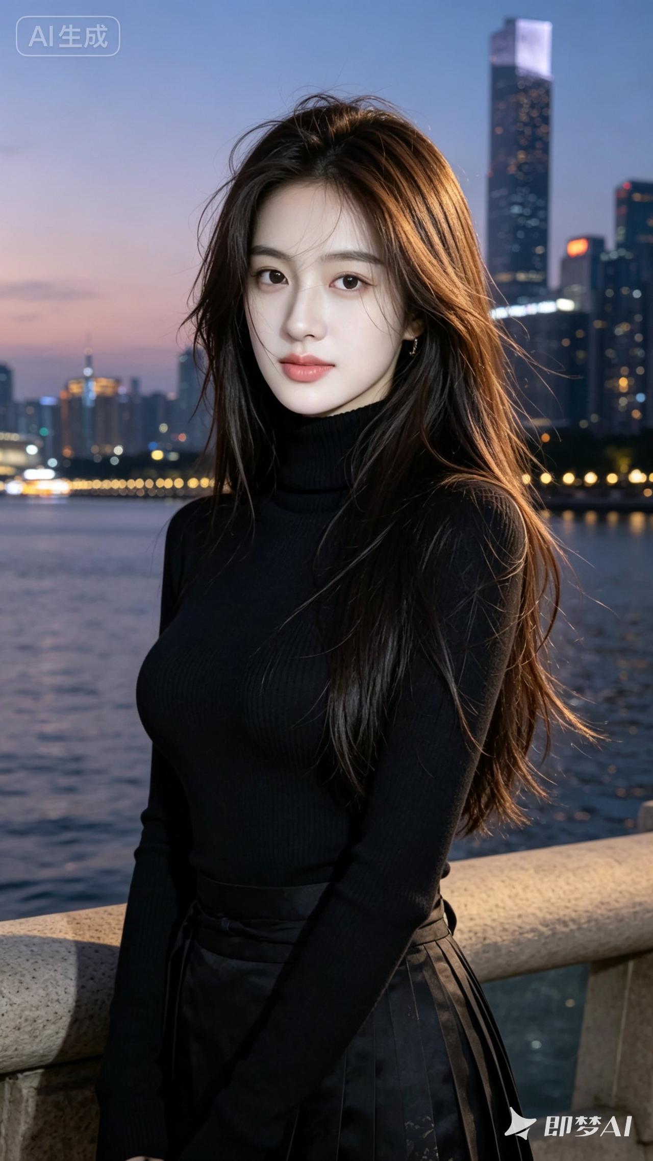 都市夜景下的优雅黑衣女子，尽显时尚与魅力。