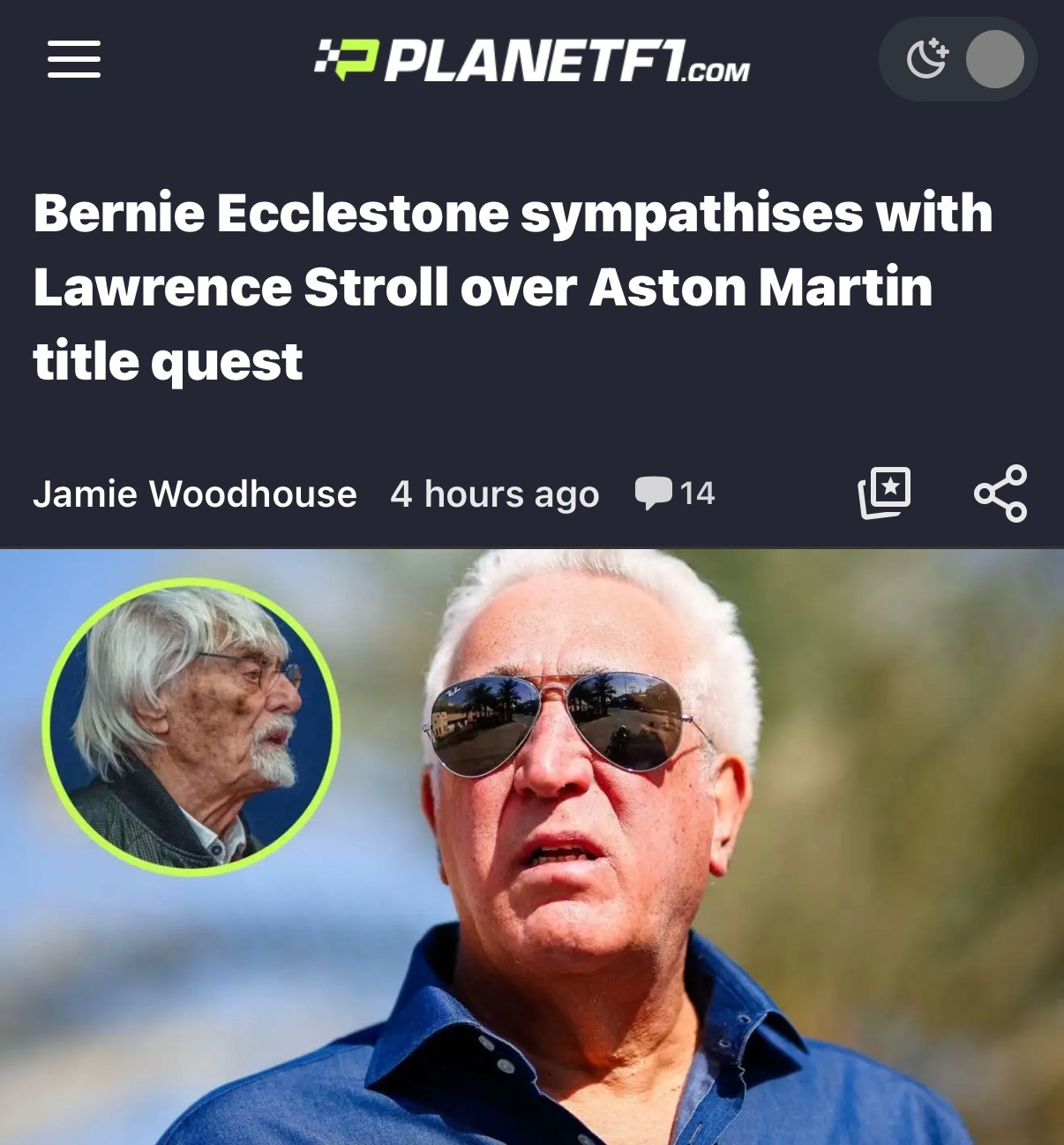 鉴于马丁季前测试的表现伯尼·埃克莱斯顿向劳伦斯·斯特罗尔发出告诫：F1总冠军是“