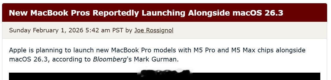 【新款MacBookPro即将发布，随macOS 26.3推出】据彭博社记者马克