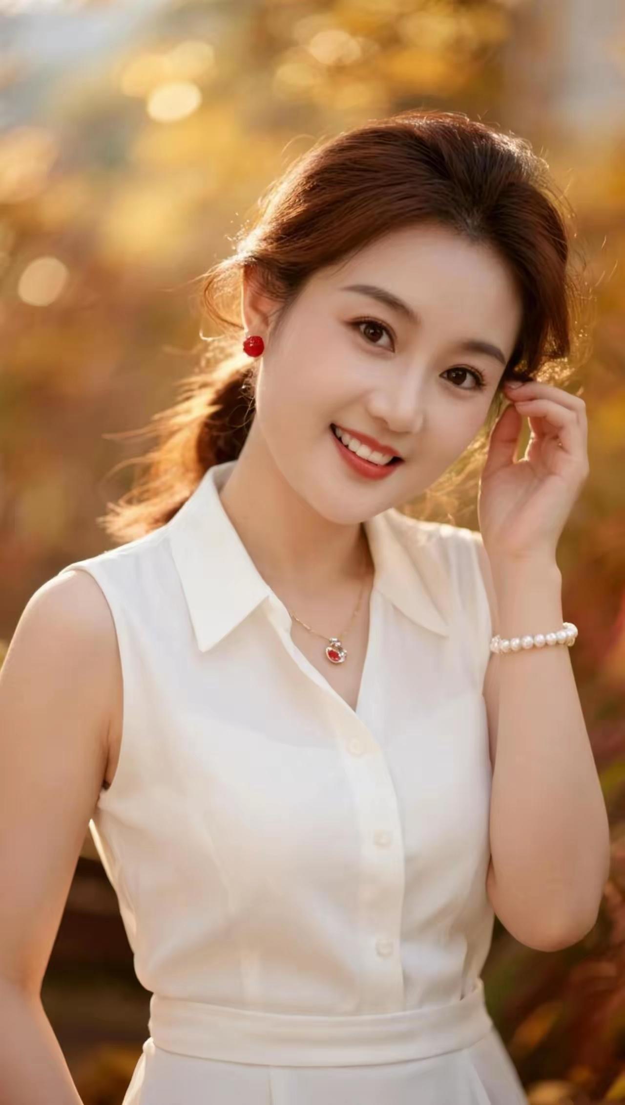 秋日暖阳下的甜美少女，白色衬衫与珍珠手链相得益彰，微笑如阳光般温暖。
