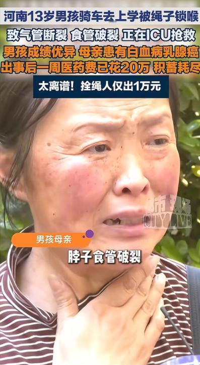 河南焦作13岁男孩被绳索锁喉，食管和气管割断，他居然硬生生的托着脑袋回了家，现在