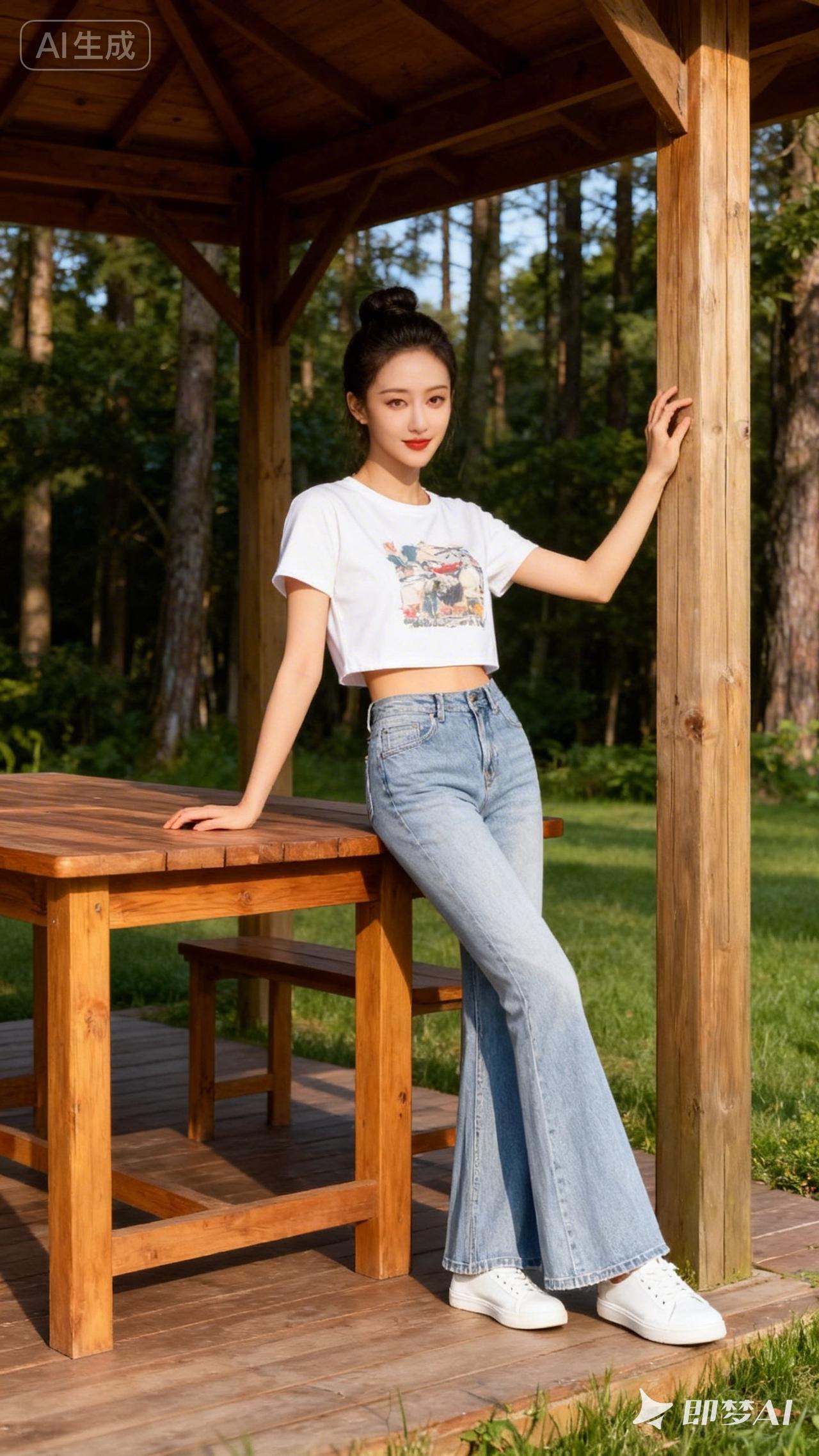 夏日清新穿搭，白色T恤+牛仔裤，轻松自在！🌞👗👖