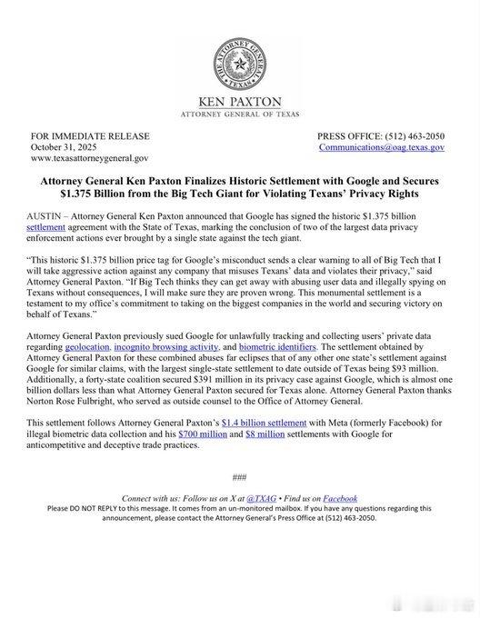 德克萨斯州司法部长 肯·帕克斯顿（Ken Paxton） 宣布：谷歌（Googl