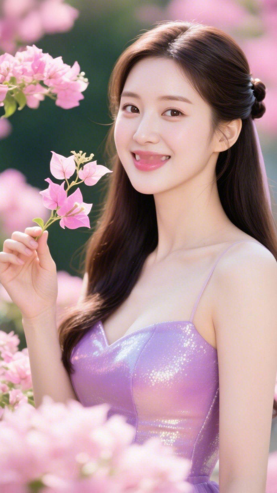 紫裙映花，笑靥如春
 
暖春的日光漫过三角梅的花簇，落在紫色亮面简约裙装上，细碎