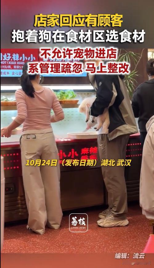 武汉，男子去餐厅吃饭，抱着狗挑选食材，狗狗头冲着食材，顾客觉得不卫生，直接把视频