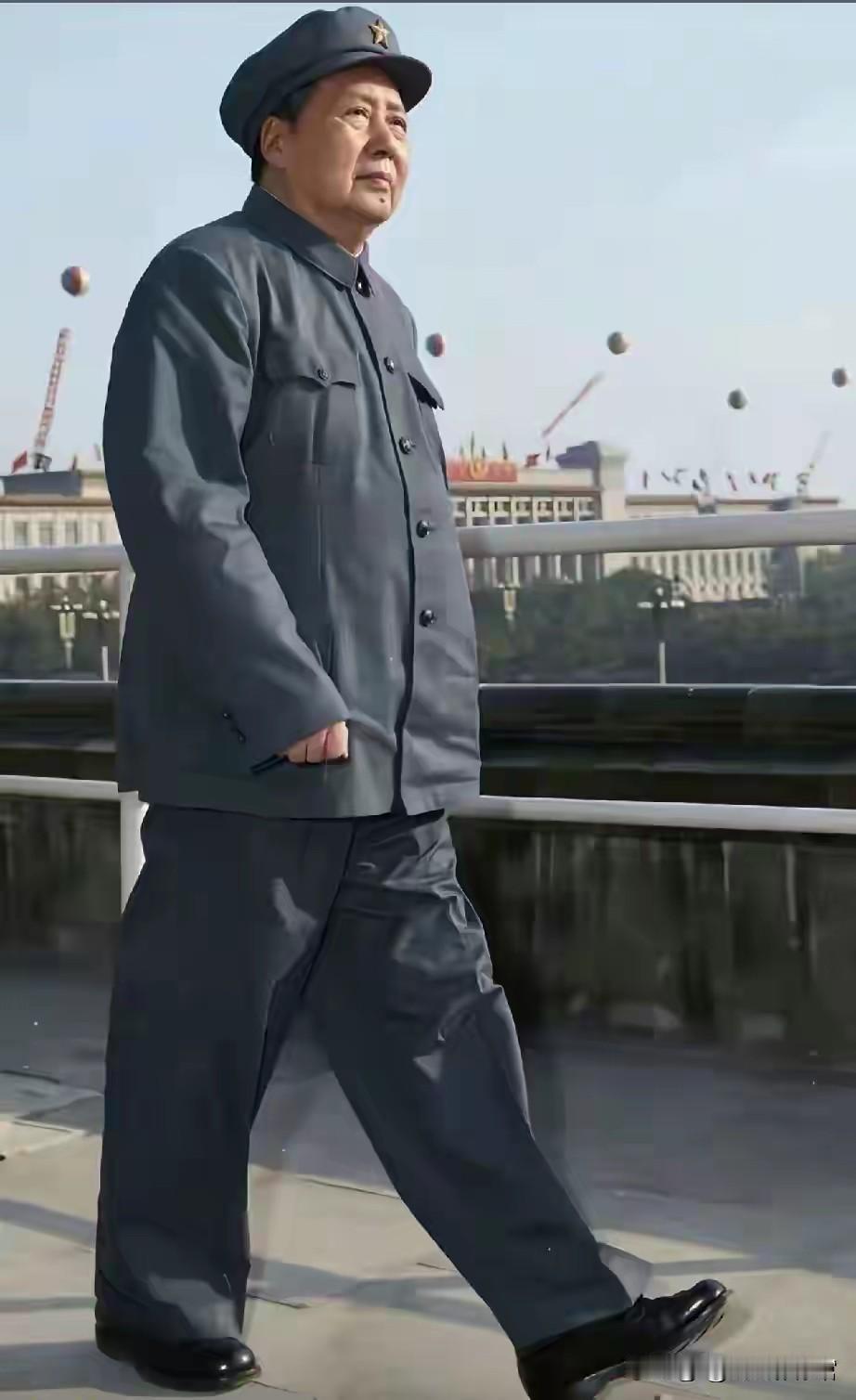 他身着深灰色中山装，头戴缀着红星的军帽，步伐沉稳而坚定地向前走着。每一步都踏得扎
