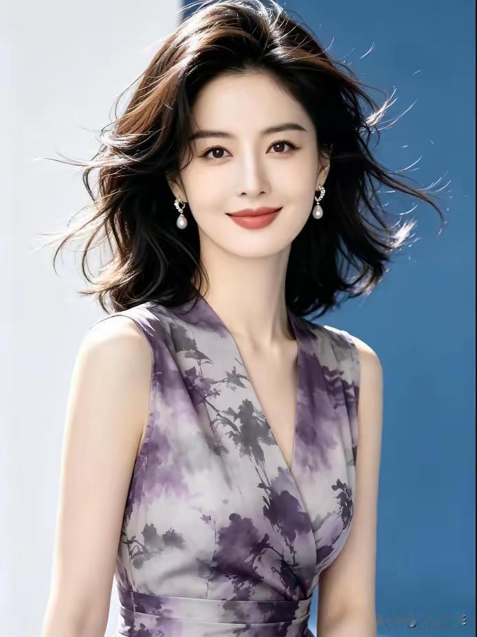 优雅气质，紫色花裙，温柔微笑，时尚穿搭