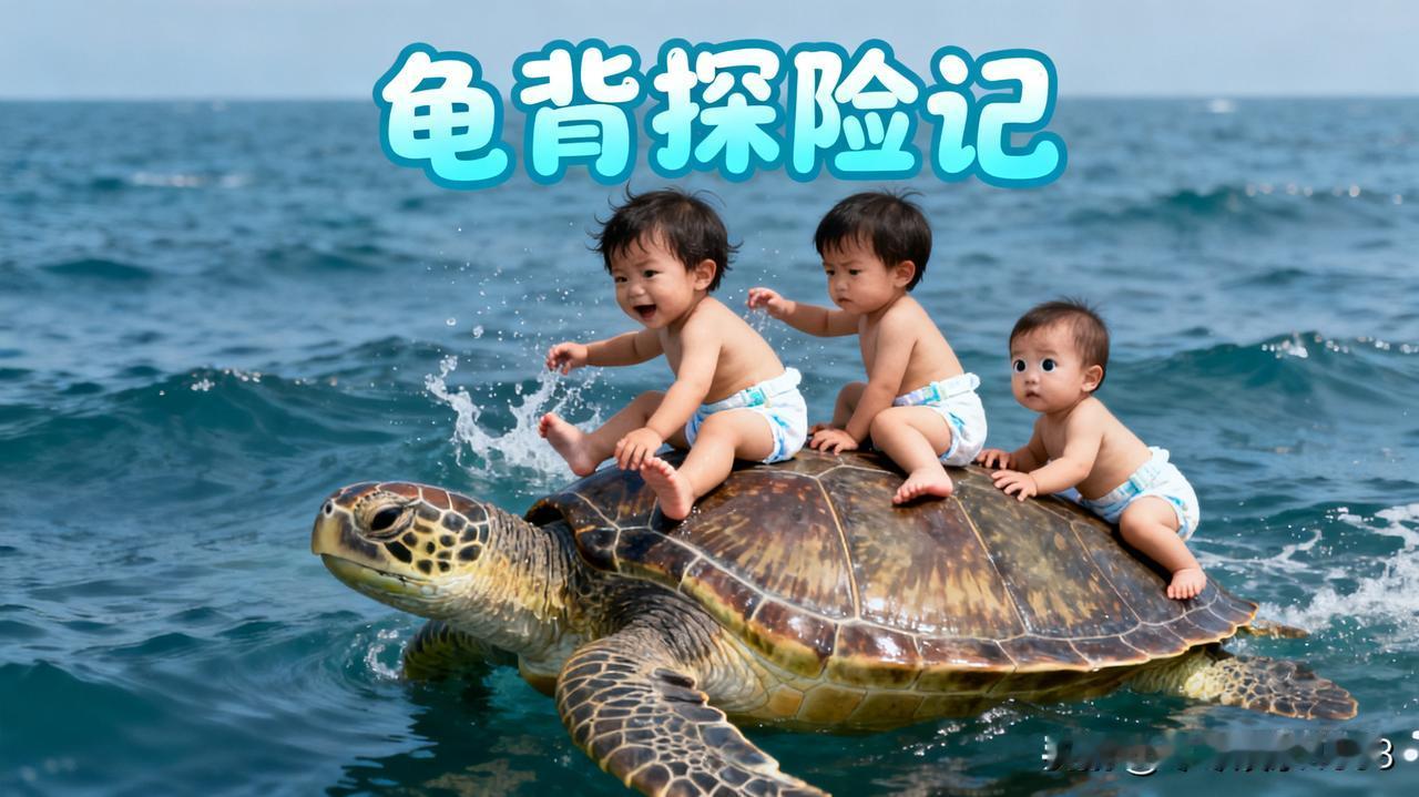 家人们看看这张超有意思的图！图里三个穿尿不湿的孩童坐在龟背上，仿佛开启了一场奇妙