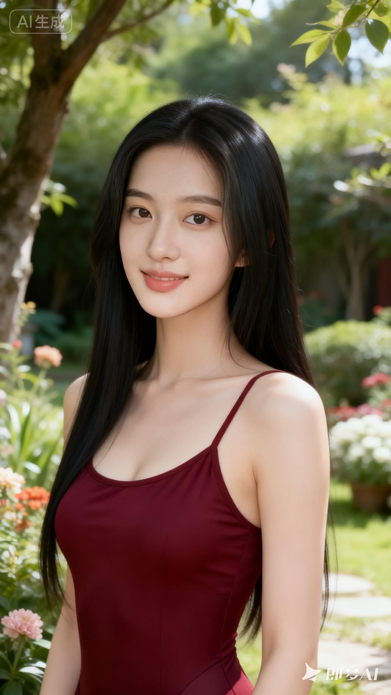 红衣美人倚树旁，笑语盈盈意自闲。