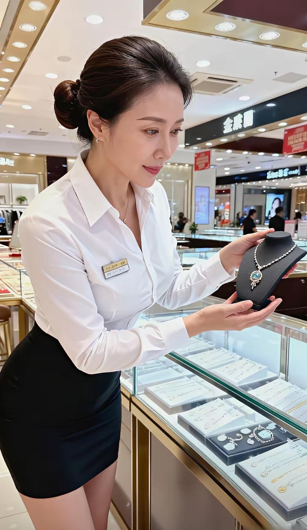 她美得优雅又高级，乌黑秀发高盘成精致发髻，侧颜线条如流水般柔美。白色衬衫勾勒出纤