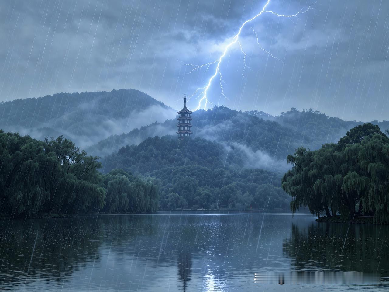 骤雨漫过湖面，远山漫起层层白雾。惊雷划破沉郁云天，电光落于古塔之巅。
 
一汪静