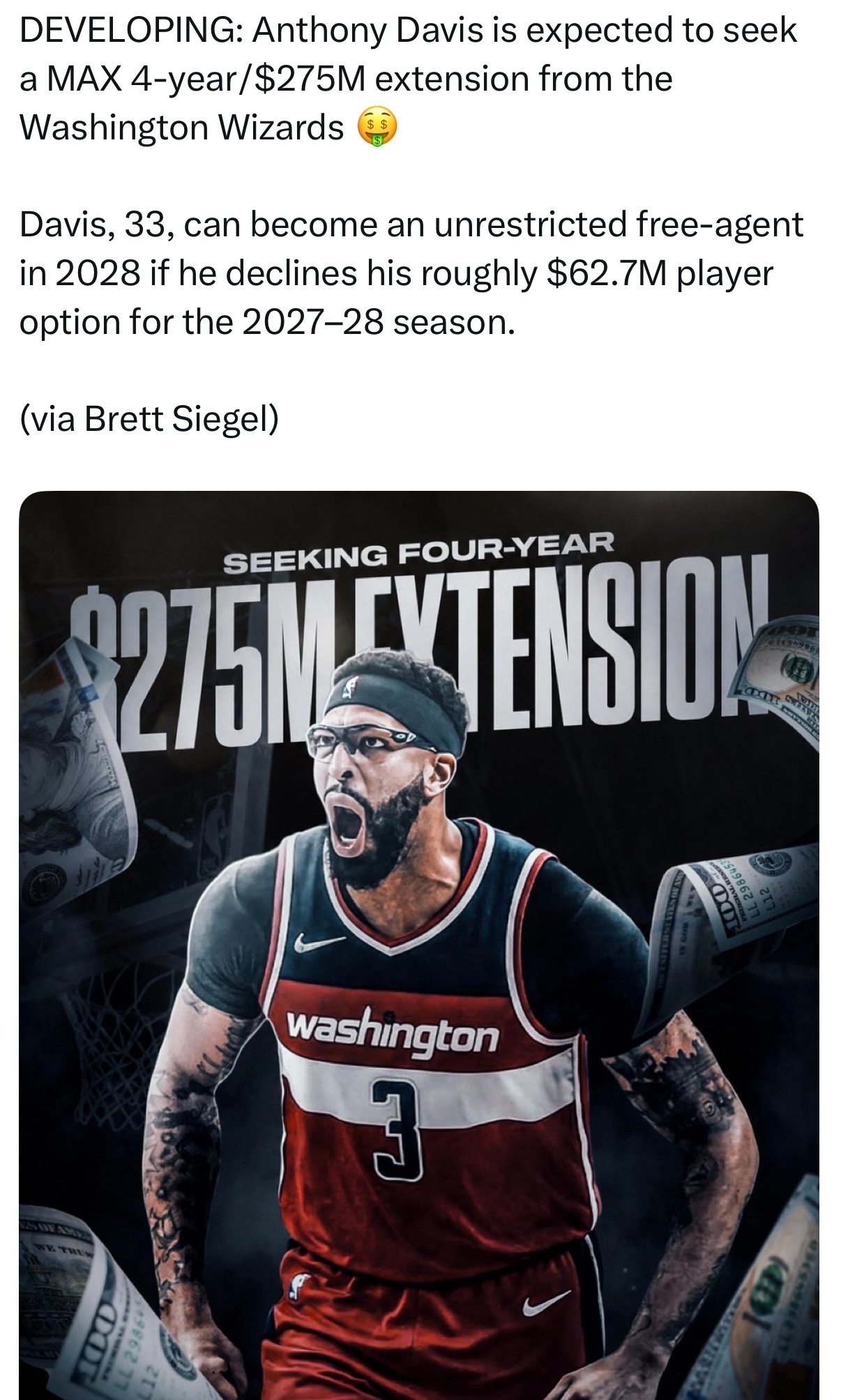 Brett Siegel：安东尼·戴维斯预计将向华盛顿奇才队索要一份4年2.75