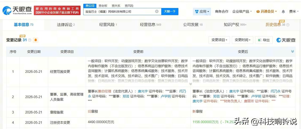 【宝宝巴士减资74% 宝宝巴士及旗下公司接连减资 宝宝巴士减资至1156万】
天