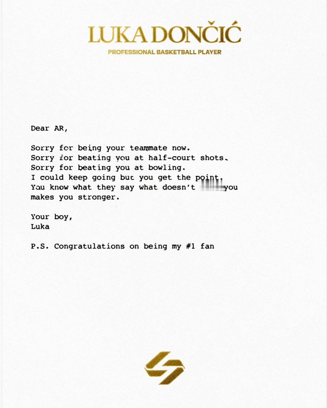 大概就是今天唯一的饭，兄弟两给我赢球！东契奇圣诞节致信里夫斯：亲爱的AR，很抱歉