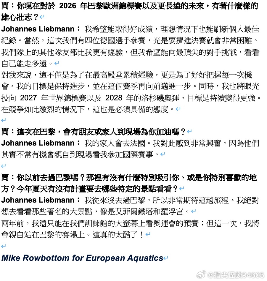 六月底Johannes Liebmann 接受了European Aquatic