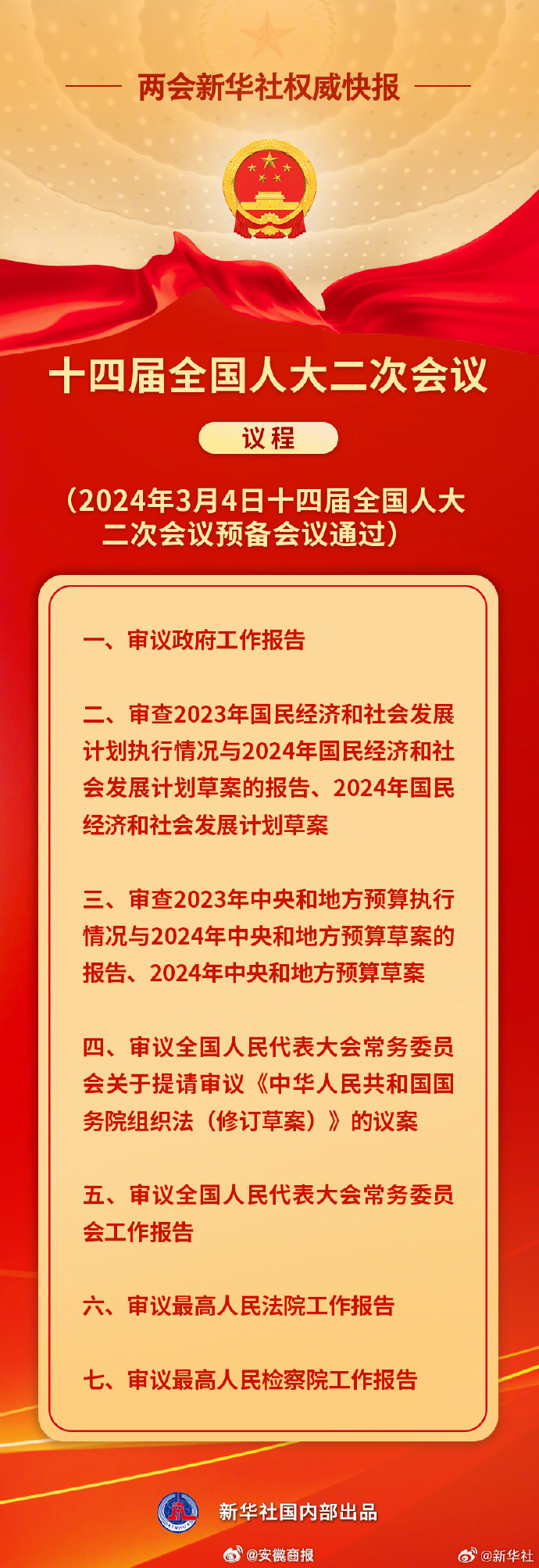 【关注！#十四届全国人大二次会议议程发布#】十四届全国人大二次会议4日上午举行预