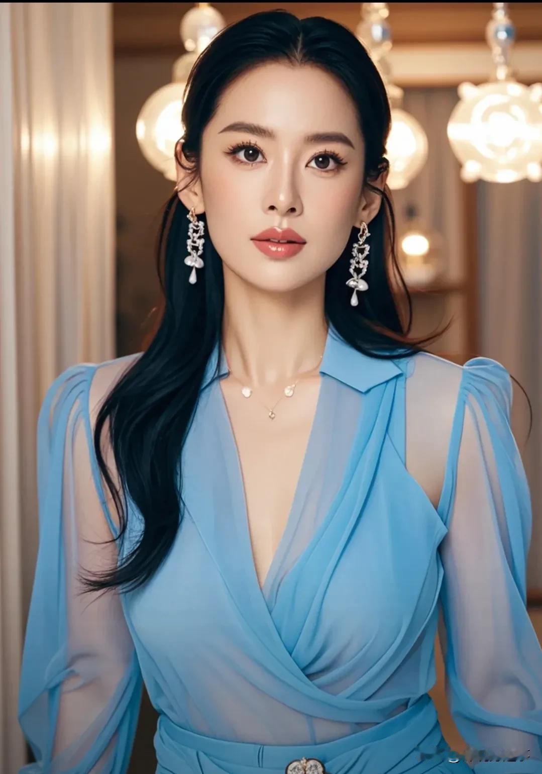 这位女士的美丽令人赞叹！
她身穿一件优雅的蓝色长袖衬衫，展现出一种沉静而高贵的气