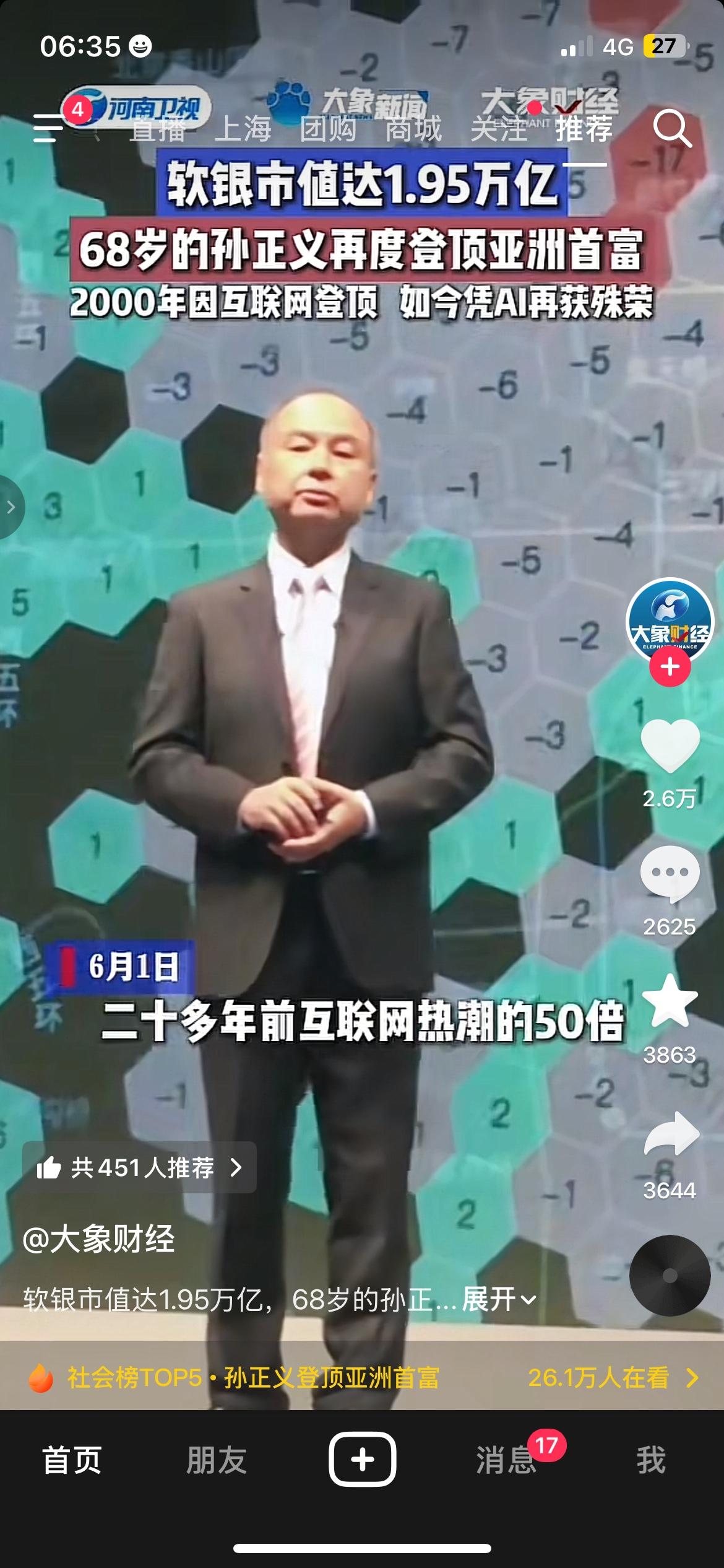 靠AI再度翻身！68岁孙正义登顶亚洲首富，软银市值1.95万亿
时隔多年，孙正义