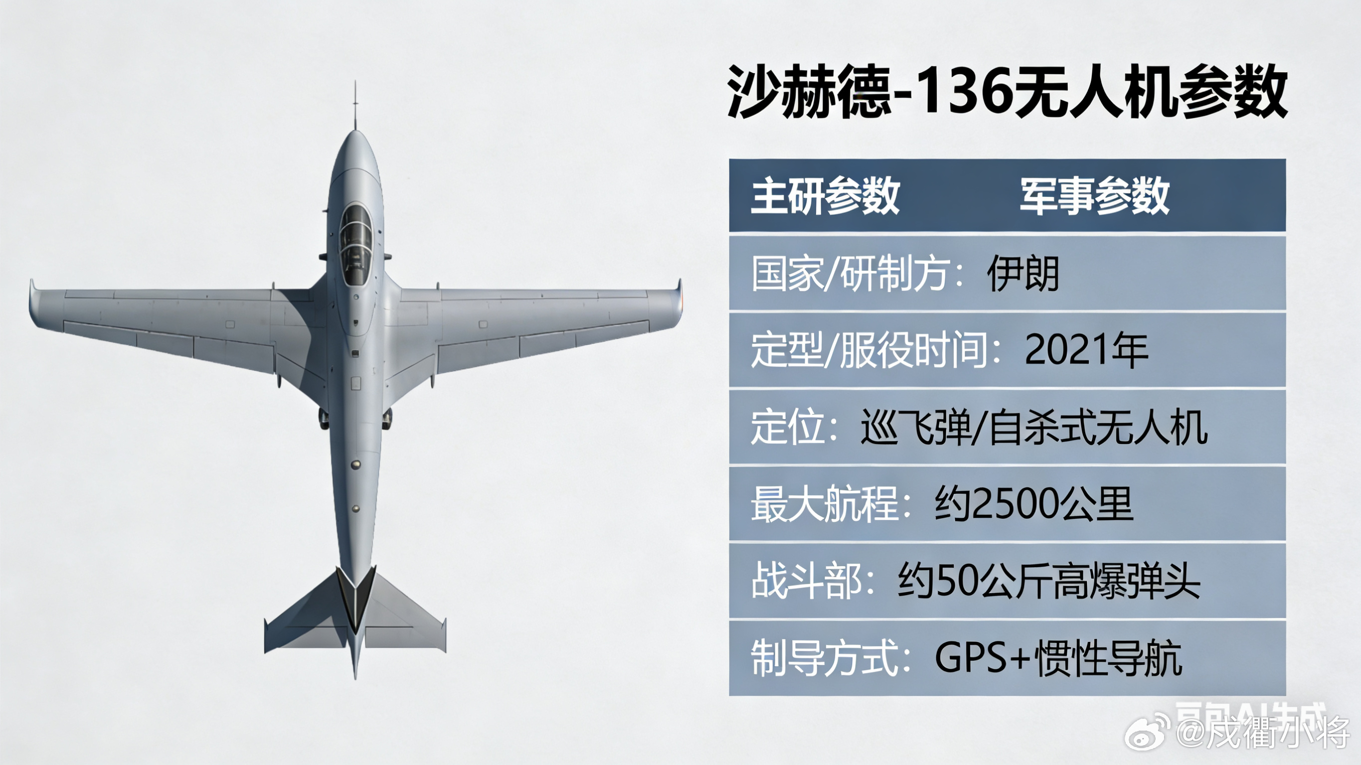 沙赫德-136是伊朗研制的低成本自杀式无人机，也被称作巡飞弹，主打隐蔽突防与饱和