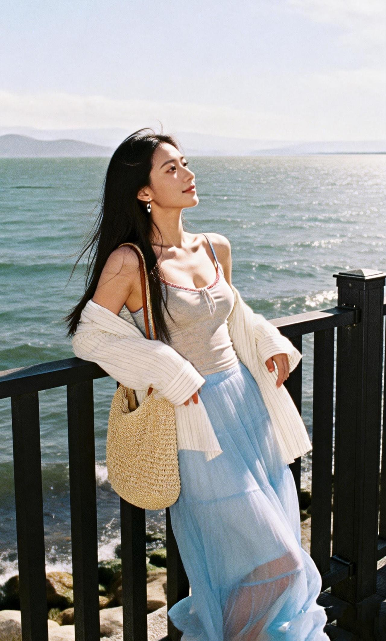 《海边摆拍的少女》
 
海风捻着长发掠过肩，
她倚着黑栏杆，把目光抛向海平线。