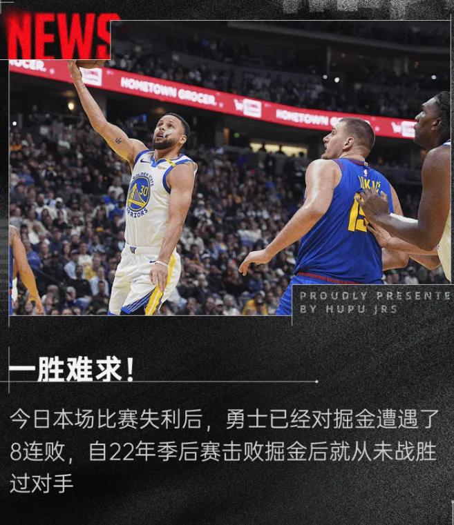勇士目前对掘金遭遇8连败，自22年季后赛后还未战胜过对手！ 