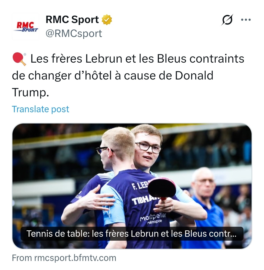 特朗普祸害到乒乓球届了受害者：法国乒乓球队机翻根据RMC Sport的信息，由于