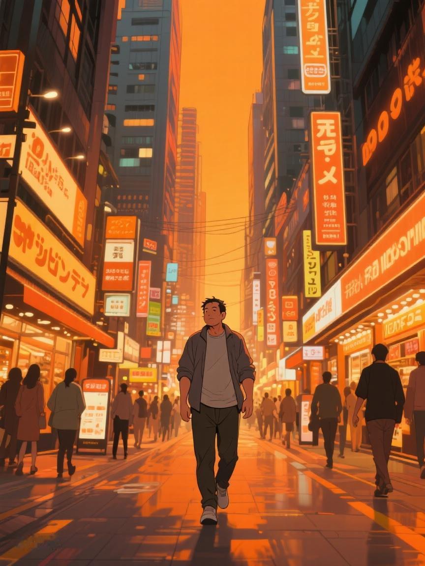 AI妙生图橙黄的光倾洒在城市街道，人群穿梭，每一步都是独特旅程，探索未知韵味。