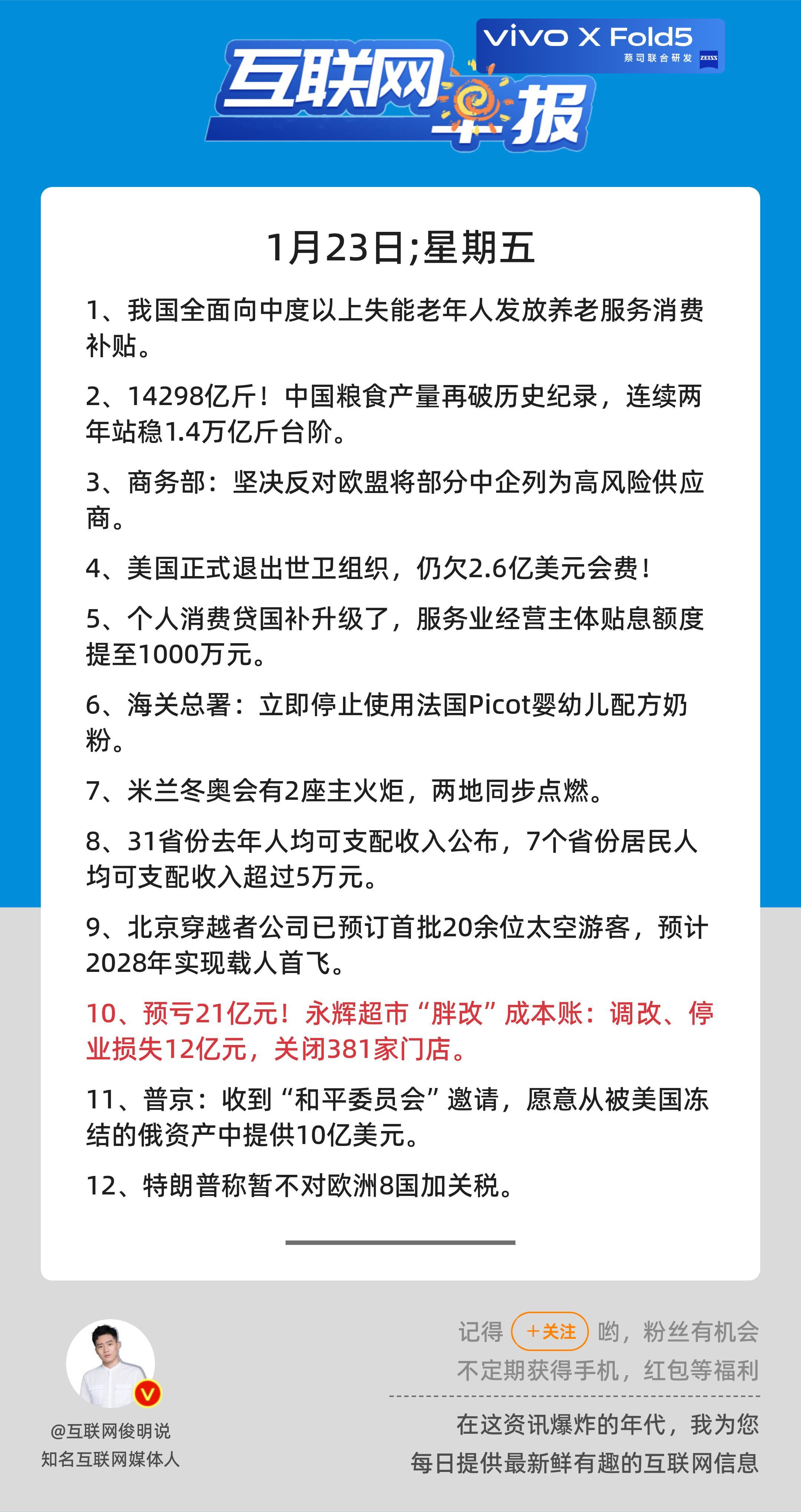 1月23日，星期五，《第3027期》；互联网早报，众览天下事关心第10条：预亏2