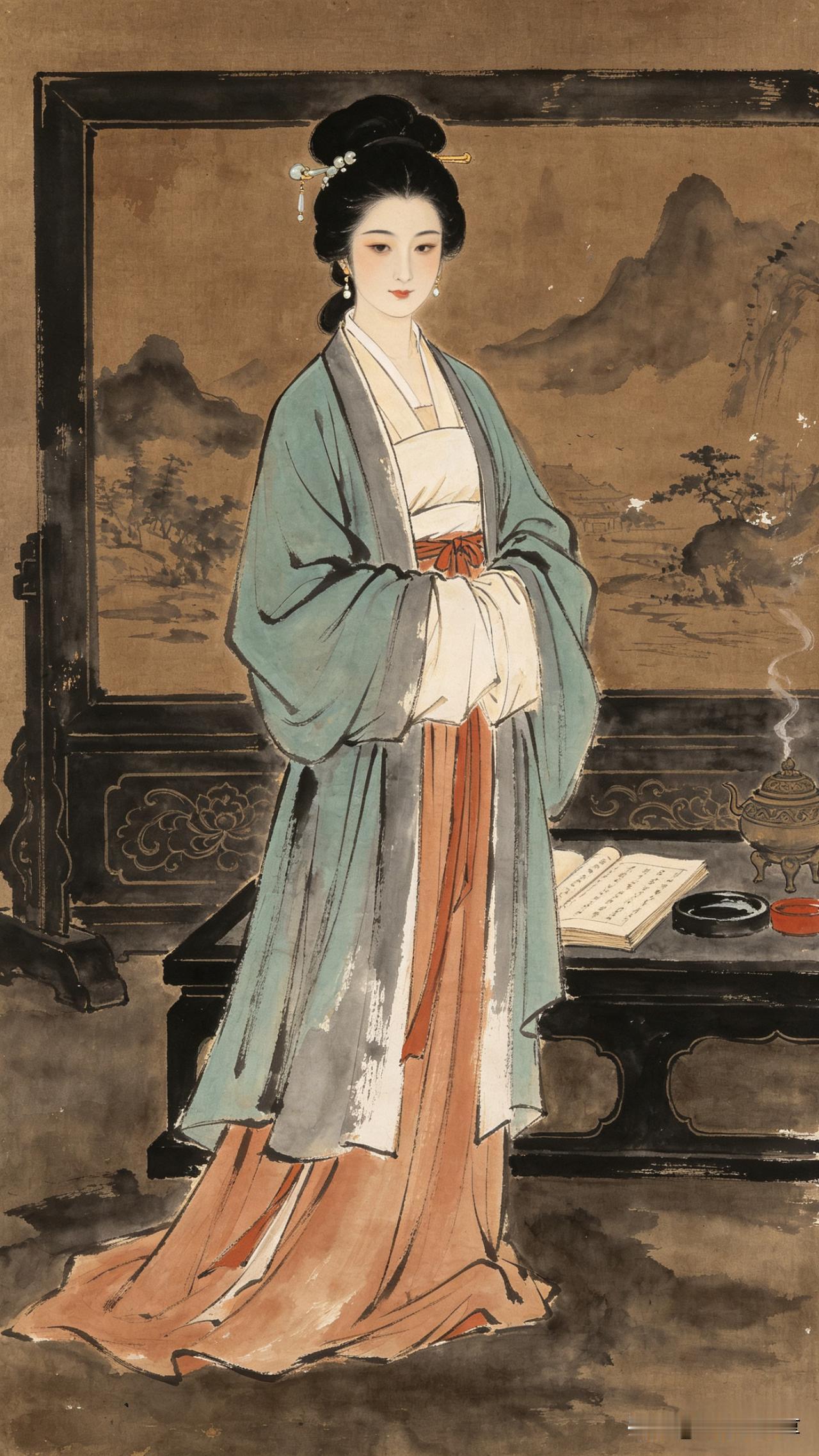 鹧鸪天·闺阁书香

翠袖轻笼玉骨香，
云鬟斜坠晚妆凉。
屏山掩映千重黛，
几案横