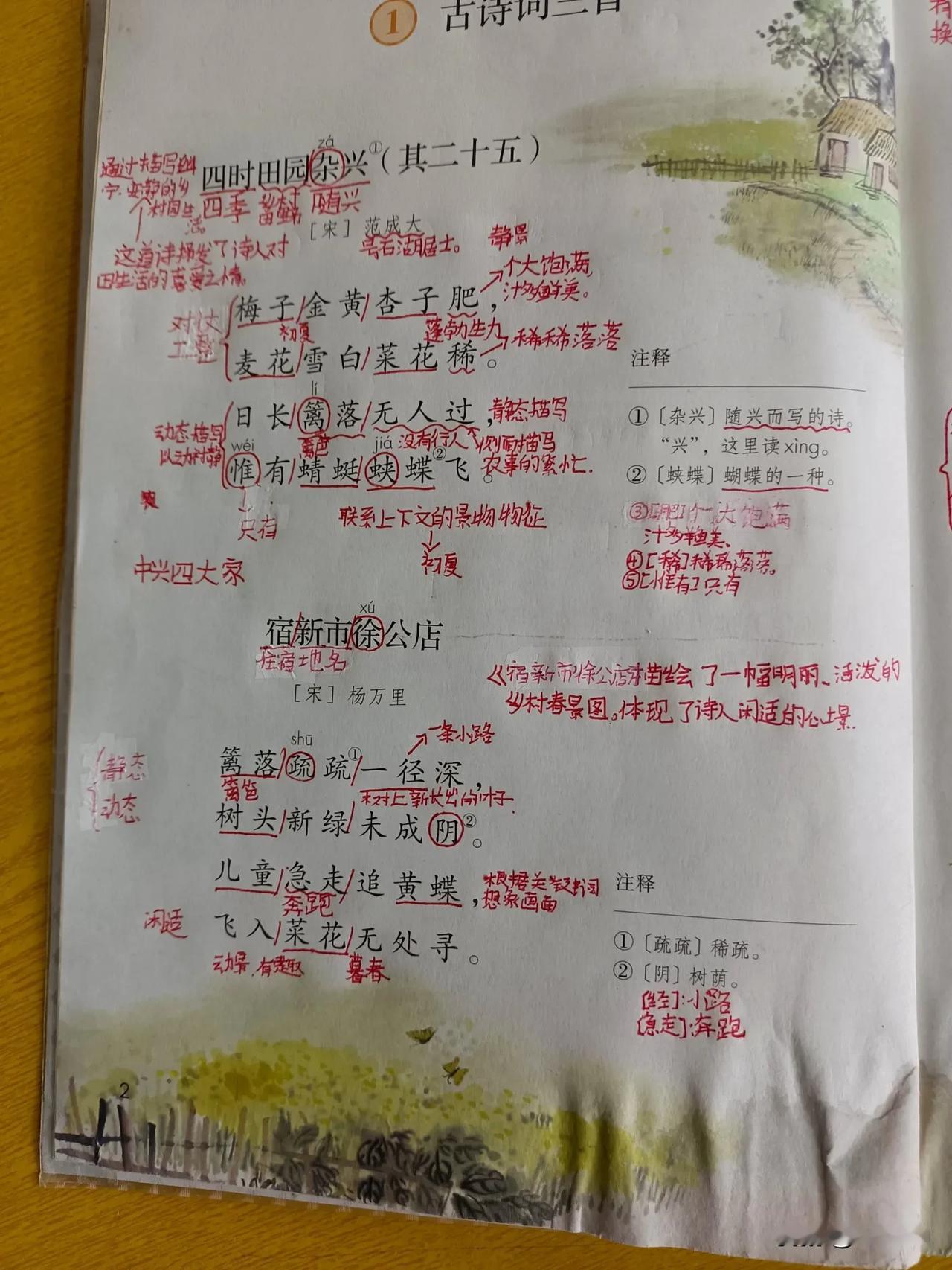 这是两个四年级小学生的学习笔记。

看着两个小孩子在语文书上做的密密麻麻如一只只