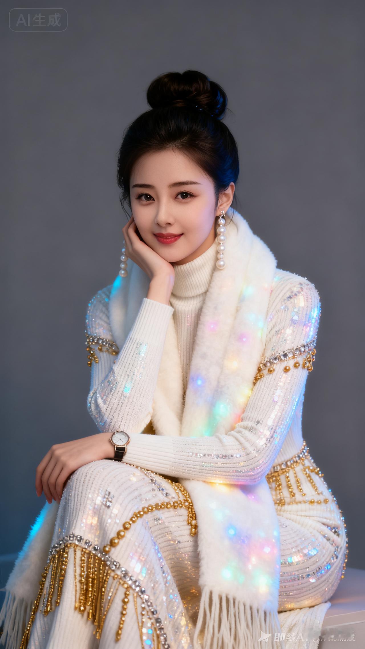 高盘发配珍珠长款耳坠，着白色高领紧身亮片毛衫长裙，金珠水钻流苏点缀，搭同款亮片宽