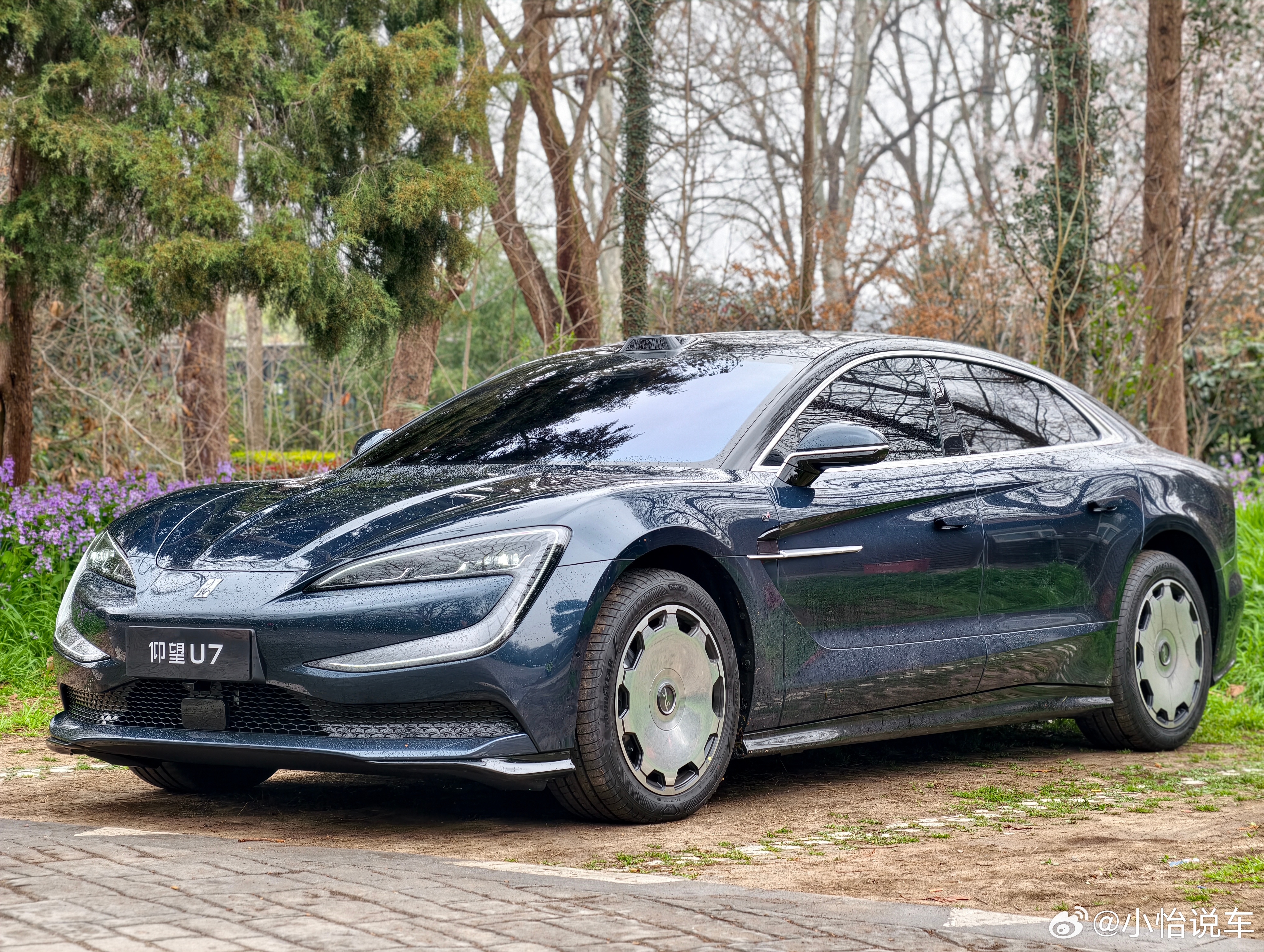 来南京中山植物园啦，先给仰望U7拍组美照雨后的车身带着水珠，和这满屏的绿意、春花