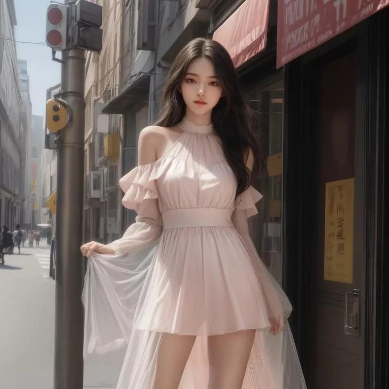 温柔粉裙子的少女，城市街头的一抹亮色温柔白裙少女 温柔蓝裙少女 海边粉衣少女 粉