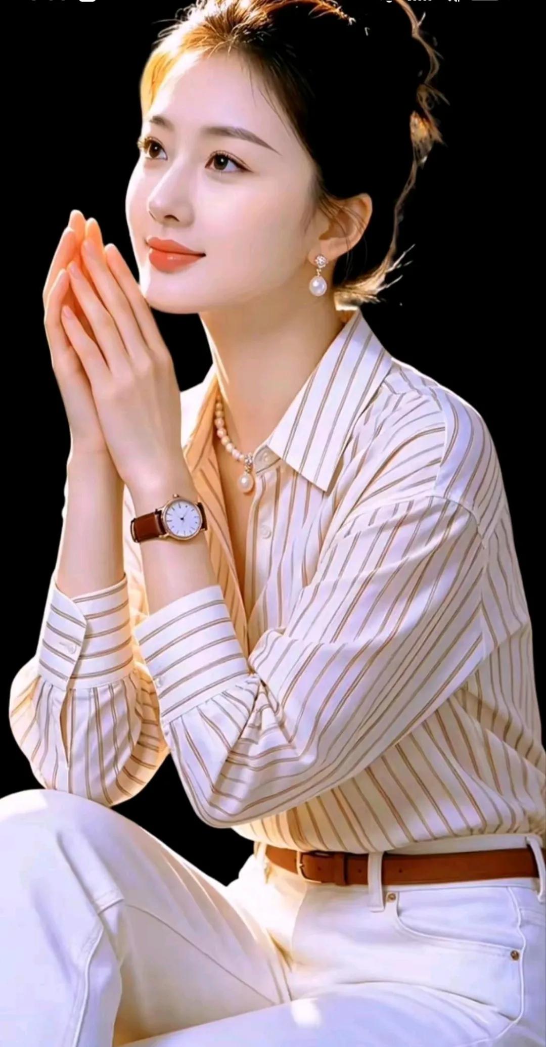 优雅甜美的穿搭，珍珠耳环与手表点缀，温柔动人。有风格，很甜蜜。
珍珠耳饰穿搭