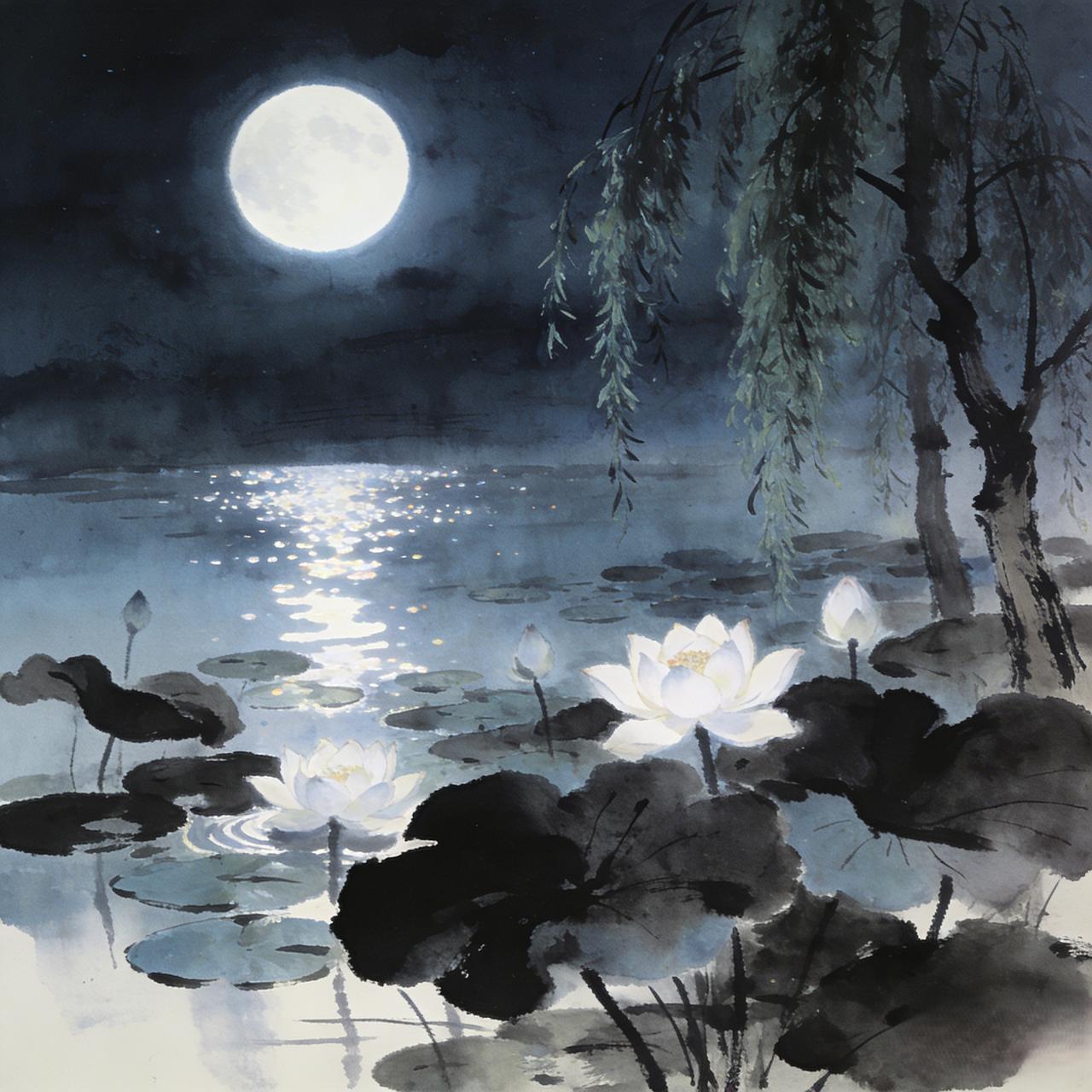 上联:月照荷塘静
下联：灯温书卷深
灯火暖照书页，深化静谧中的思想之境，由自然转