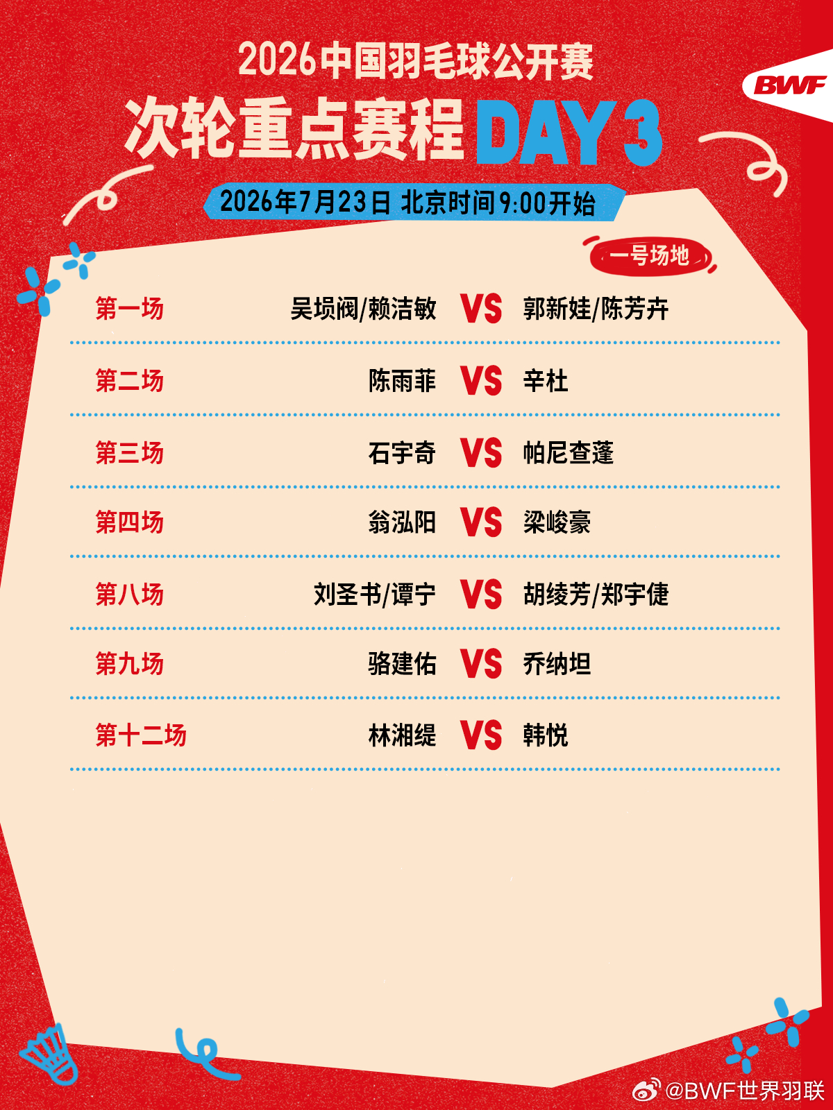 2026年中国羽毛球公开赛 次轮重点赛程🔥第三日赛程 上午九点开打🏸焦点战?