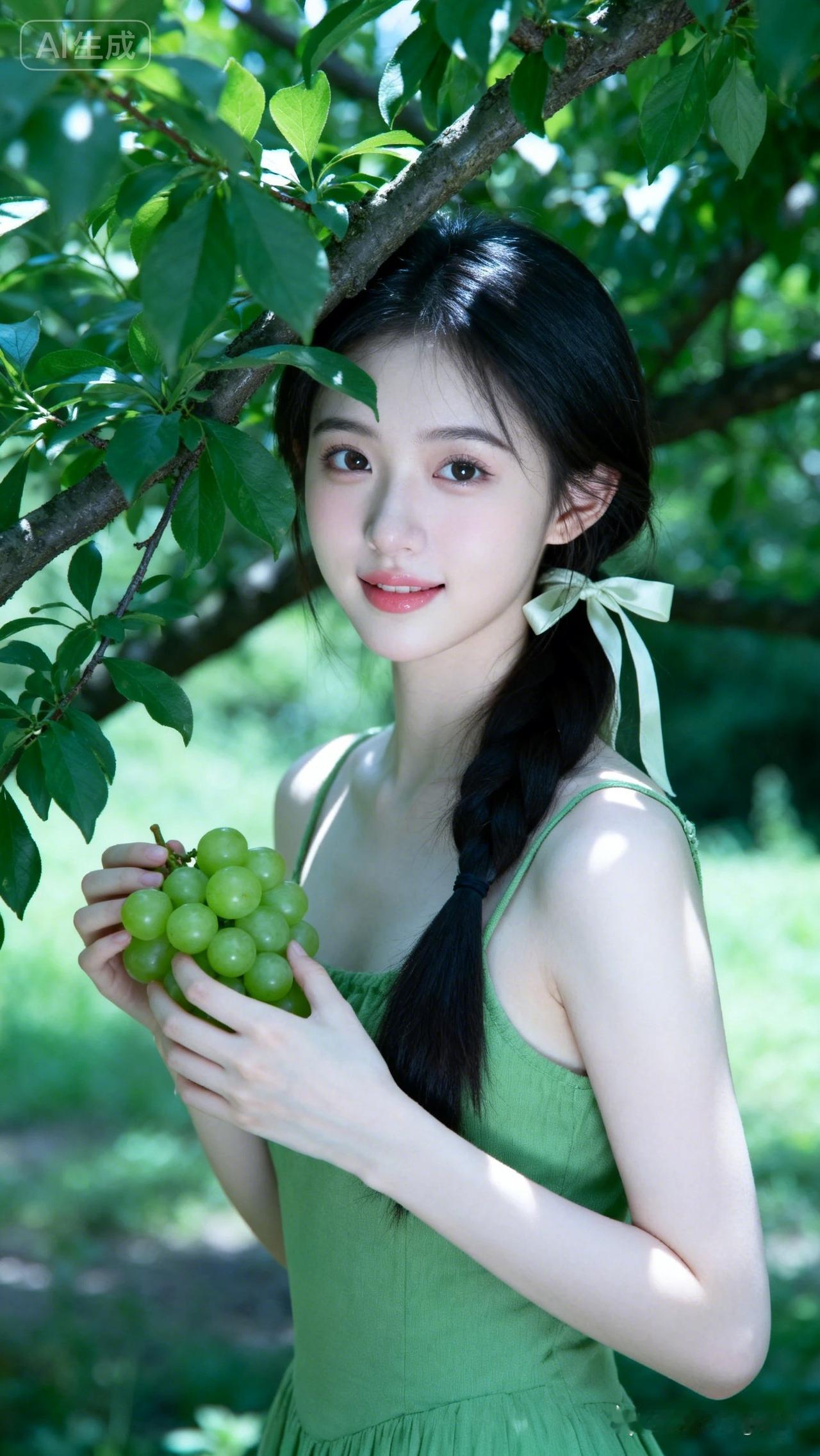 19岁娇小美少女扎丝带低马尾，身着绿吊带裙，立于葡萄树下提鲜果侧身而立。清新田园