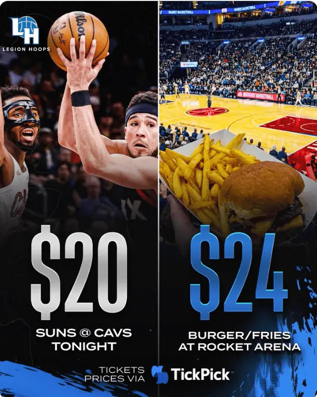 今日骑士与太阳的最低票价为20美元，不如汉堡和薯条！nba