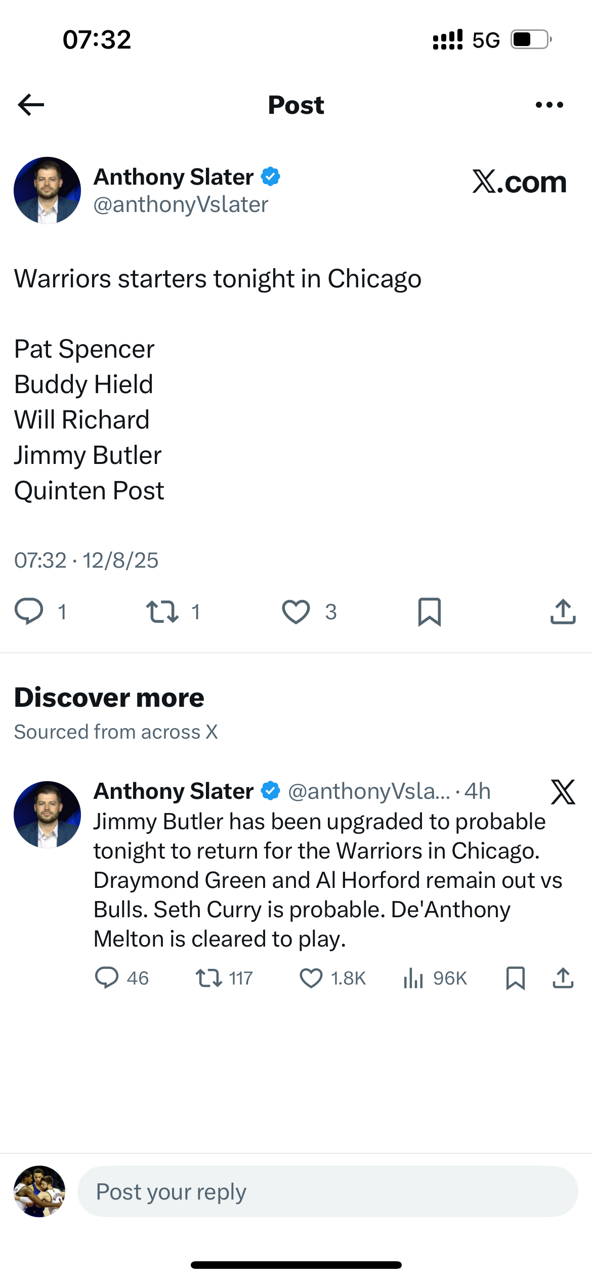 今天首发：斯班瑟，希尔德，理查德，巴特勒和波斯特！加油！ 