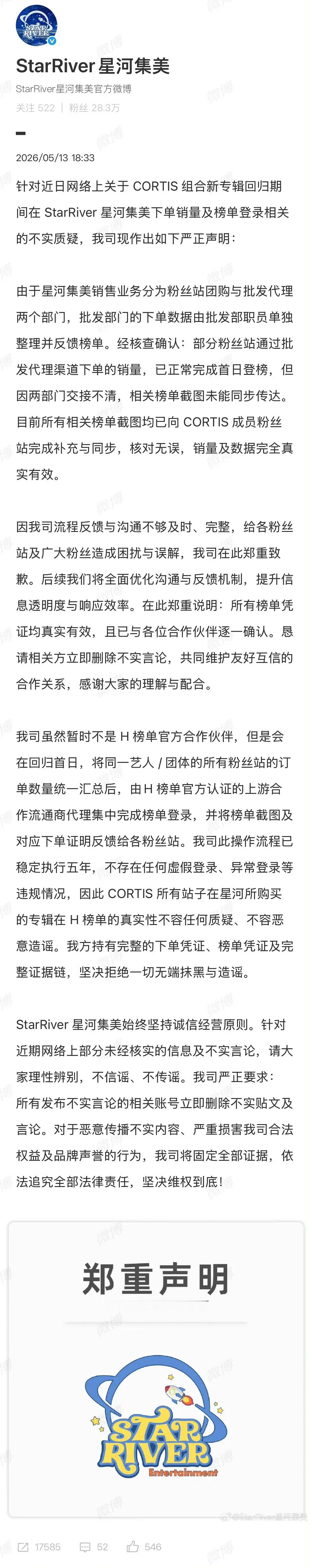 星河集美已删除cortis中输声明 