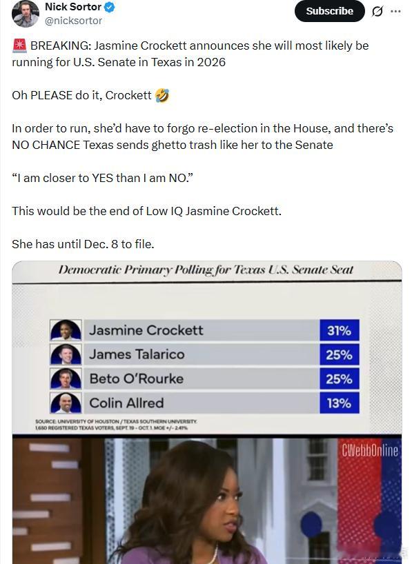 尼克·索特：民左党贾思敏·克罗基特宣布，她很可能将在2026年参加德克萨斯州联邦