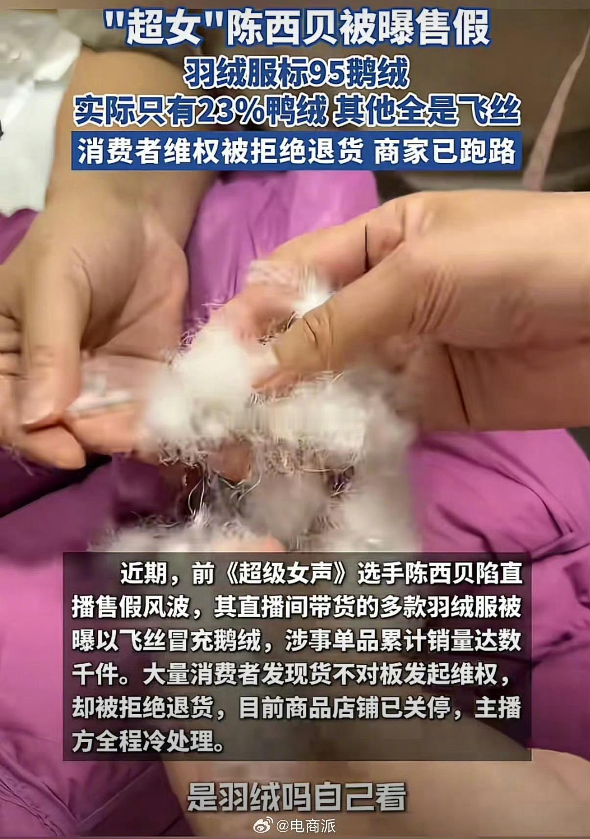 陈西贝回应羽绒服售假事件  百万销售额翻车！用飞丝冒充鹅绒，超女陈西贝公开致歉：
